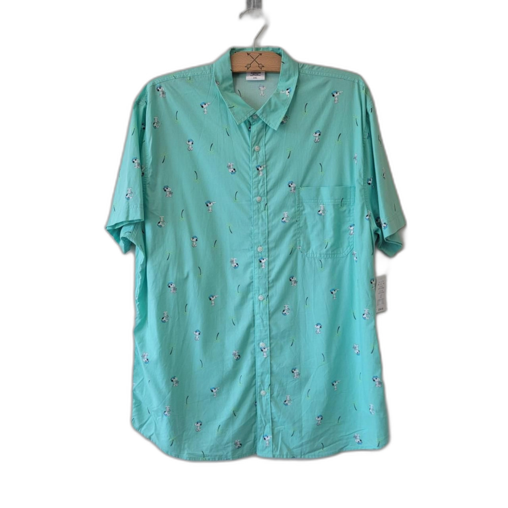 Peanuts Snoopy Woodstock Teal Graphic Button Up Shirt NWT XXL